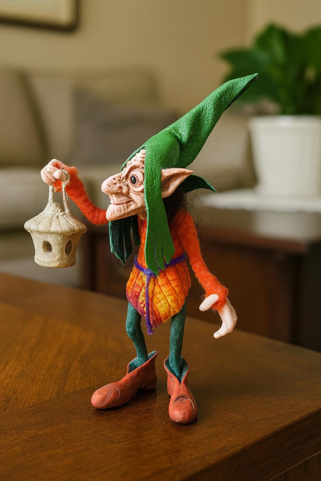 Handmade Forest Gnome with Lantern: Mystical Home Protector